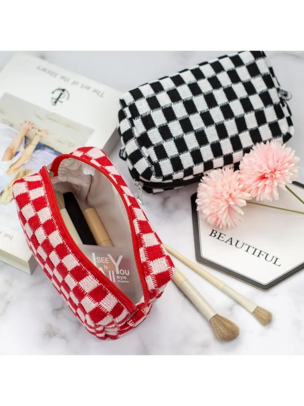 Cute Checkered Makeup Bag Set | Small Travel Cosmetic Pouches for Women